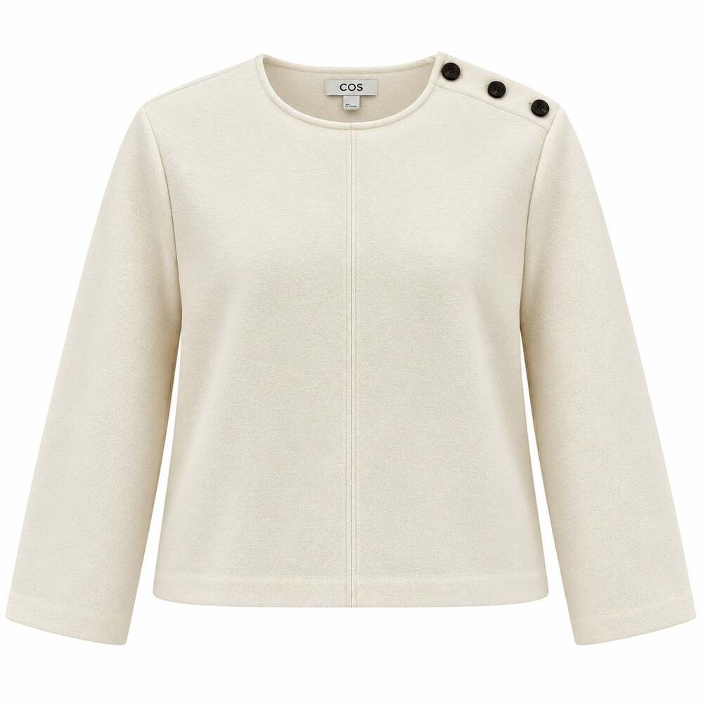 COS Wool Blend Sweater Top Womens L Cream Shoulder Button Boxy Minimalist